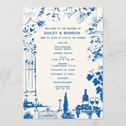 French Blue European Garden Whimsical Wedding Programm (Vorderseite)