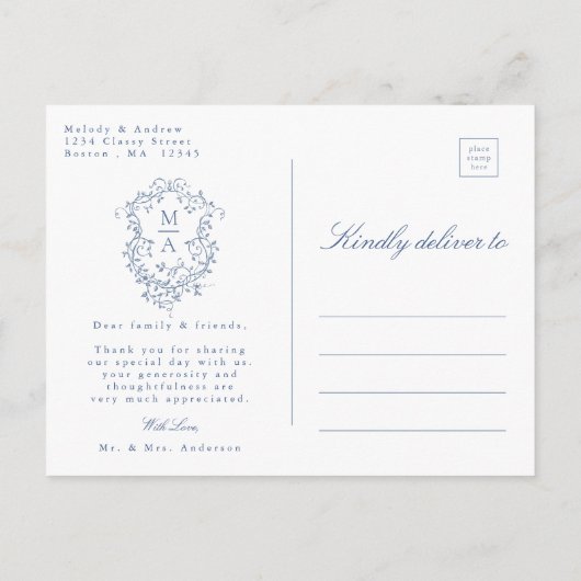 French Blue Floral Wappen Wedding Foto Vielen Dank Postkarte (Rückseite)
