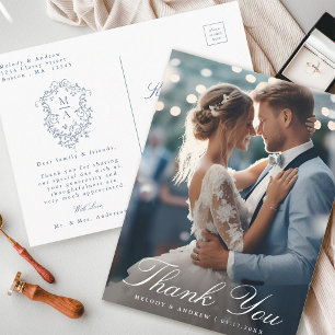 French Blue Floral Wappen Wedding Foto Vielen Dank Postkarte