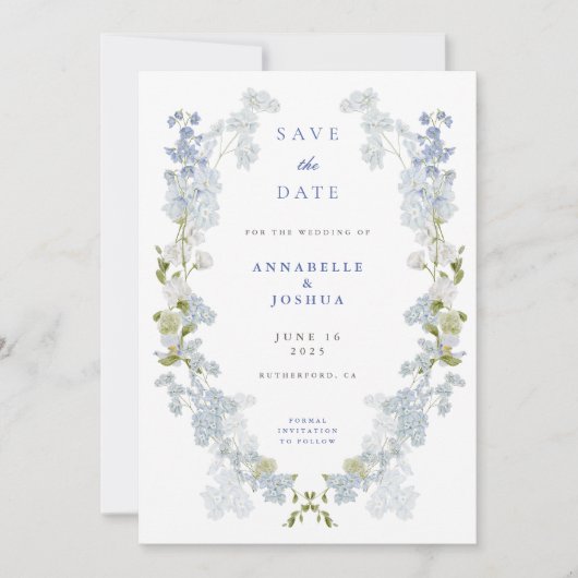 French Blue Florals Wedding Save the Date (Vorderseite)