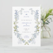 French Blue Florals Wedding Save the Date (Stehend Vorderseite)