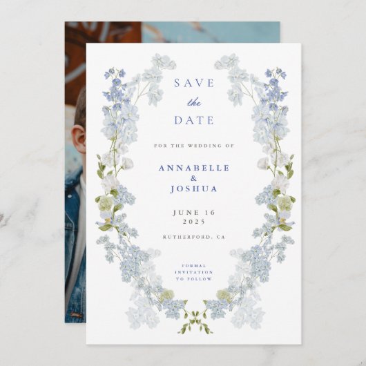 French Blue Florals Wedding Save the Date (Vorne/Hinten)