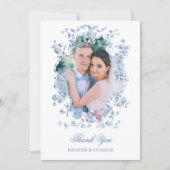 French Blue Flowers & Ribbons Wedding Photo Dankeskarte (Vorderseite)