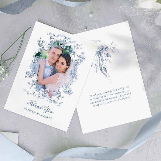 French Blue Flowers & Ribbons Wedding Photo Dankeskarte