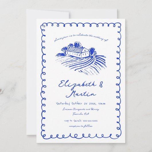 French Blue Hand Drawn Funky Vineyard Wedding Einladung (Vorderseite)