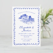 French Blue Hand Drawn Funky Vineyard Wedding Einladung (Stehend Vorderseite)