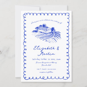 French Blue Hand Drawn Funky Vineyard Wedding Einladung
