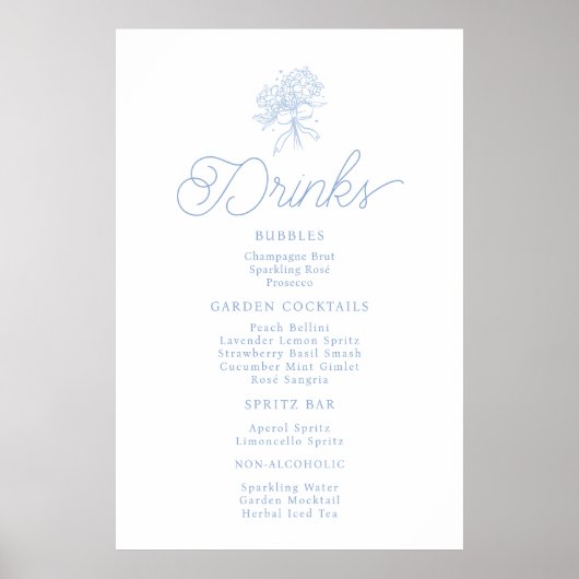 French Blue Hydrangea Drinks Menu Sign Poster (Vorne)
