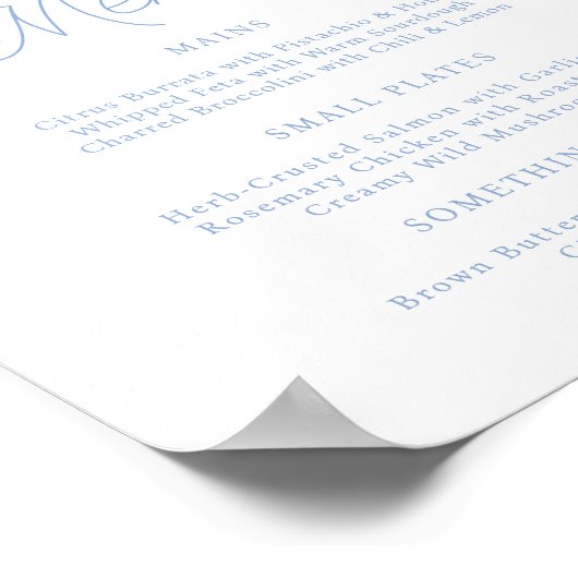 French Blue Hydrangea Wedding Menu Sign Poster (Ecke)