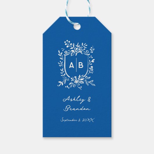 French Blue Monogram Crest Old World Wedding Geschenkanhänger (Vorderseite)