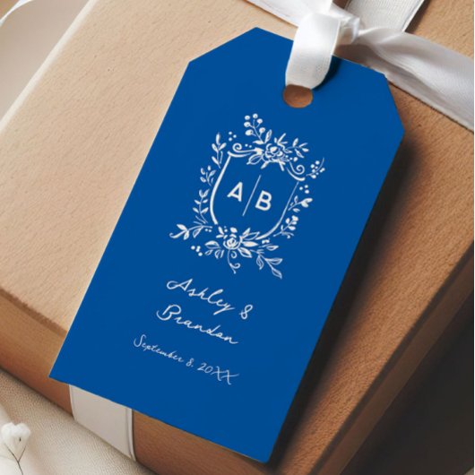 French Blue Monogram Crest Old World Wedding Geschenkanhänger