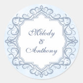 French Blue Ornate Monogram Wedding Seal Runder Aufkleber (Vorderseite)