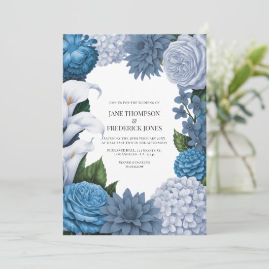 French Blue, Storm Slate & Petal Fog Wedding Einladung (Stehend Vorderseite)