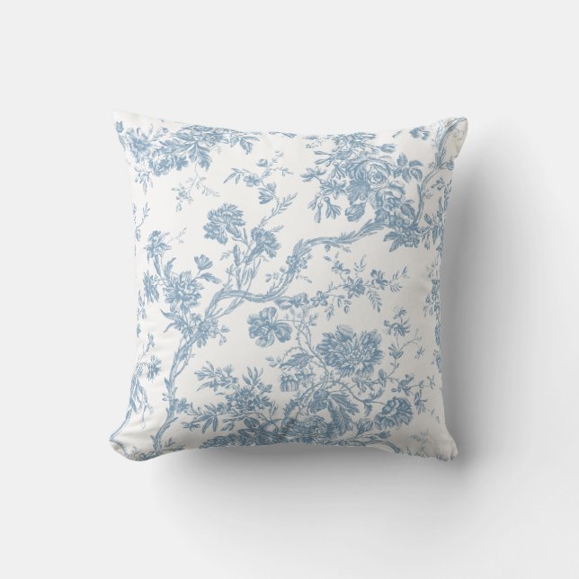 French Blue Toile de Jouy Throw Pillow Kissen (Vorderseite)