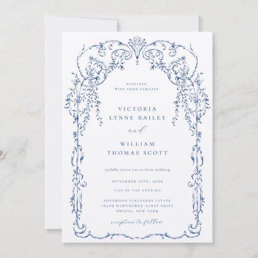 French Blue Viktorianisch Frame Wedding Einladung (Vorderseite)