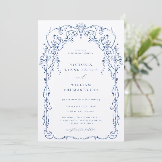 French Blue Viktorianisch Frame Wedding Einladung (Stehend Vorderseite)