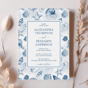 French Blue Vintag Seashell Toile Classic Wedding Einladung