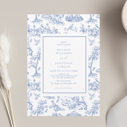 French Blue Vintag Toile Classic Wedding Einladung