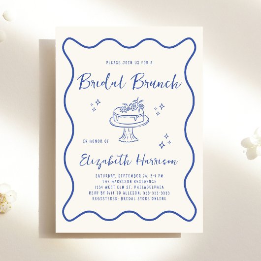 French Blue Wavy Frame Cream Bridal Brunch Shower Einladung
