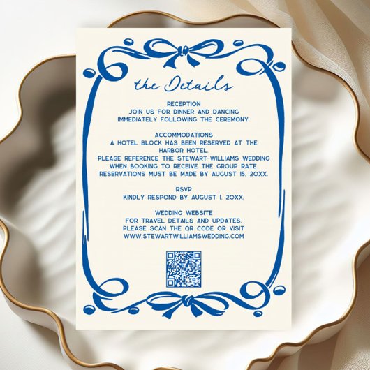 French Blue Whimsical Hand Drawn Ribbon Wedding  Begleitkarte