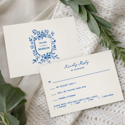 French Blue Whimsical Pastoral Wedding Invitation, RSVP Karte