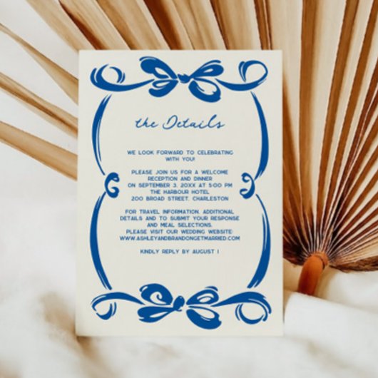 French Blue Whimsical Ribbon and Bow Wedding  Begleitkarte