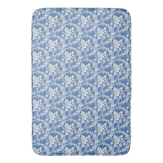 French Blue White Floral Pattern Botanical Chic Badematte (Vorderseite Vertikal)