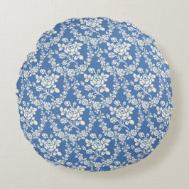 French Blue White Floral Pattern Botanical Chic Rundes Kissen