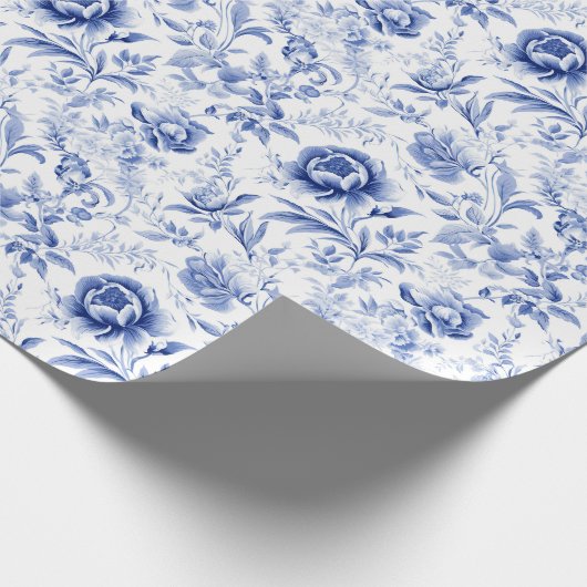 French Blue White Floral Toile Brautparty Geschenk Geschenkpapier (Ecke)