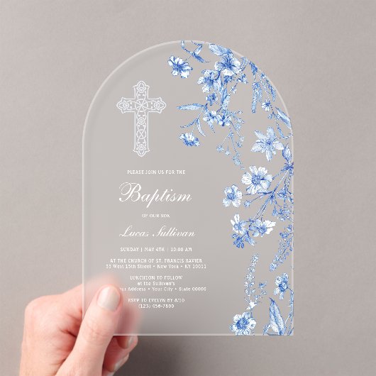 French Blue Wildflowers Arch Baptism Acryleinladungen (Insitu (Handheld))