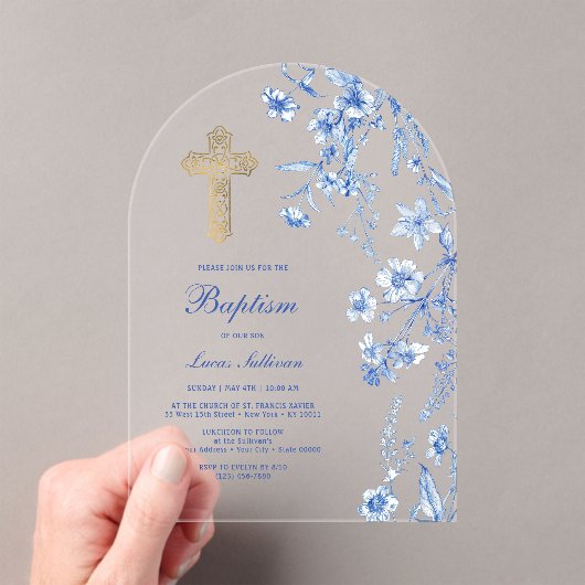 French Blue Wildflowers Arch Baptism Acryleinladungen (Insitu (Handheld))