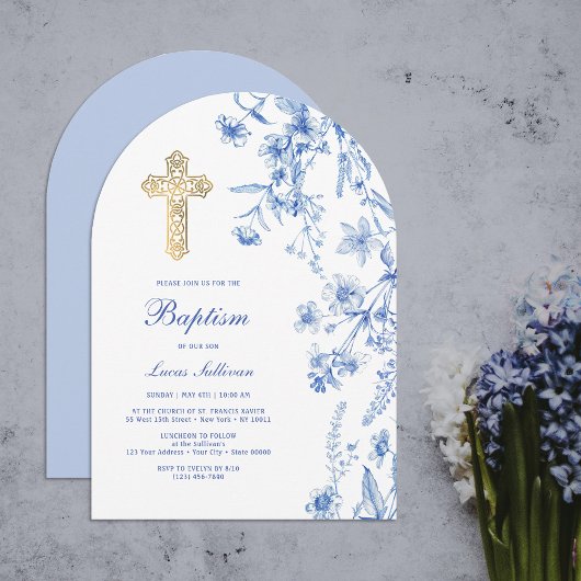 French Blue Wildflowers Arch Baptism Einladung