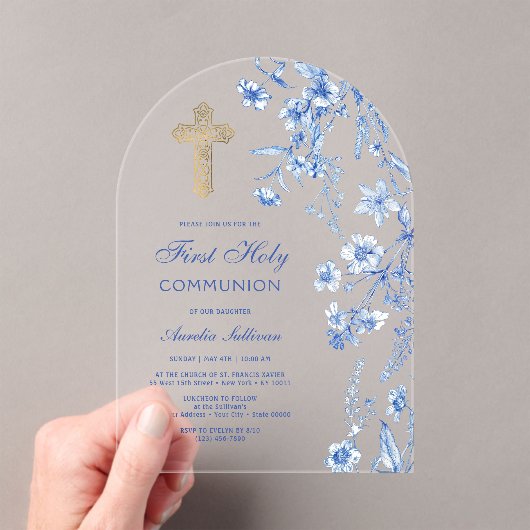 French Blue Wildflowers Arch First Communion Acryleinladungen (Insitu (Handheld))