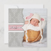 French Bow Damask Swirl Girl Geburtsankündigung Ankündigung (Rückseite)