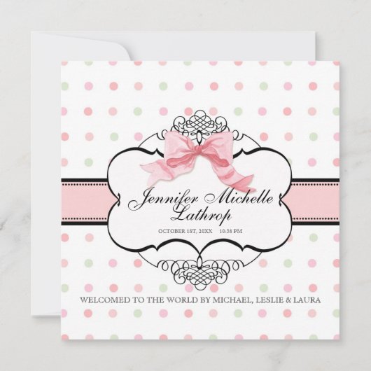 French Bow Damask Swirth Birth Announcement Girl Ankündigung (Vorderseite)