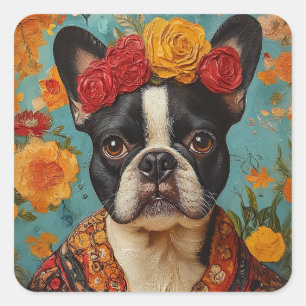 French Bulldog als Frida Kahlo Quadratischer Aufkleber