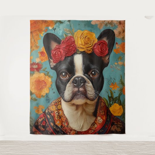 French Bulldog als Frida Kahlo Wandteppich (Vorderseite)