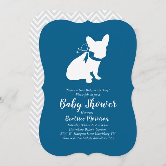 French Bulldog Baby Dusche Frenchy Frenchie Blue Einladung (Vorne/Hinten)