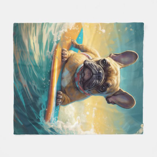 French Bulldog Beach Surfing Malerei Fleecedecke (Vorderseite (Horizontal))