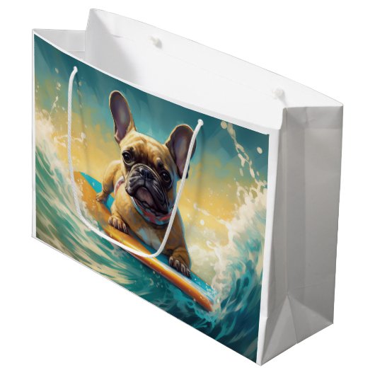French Bulldog Beach Surfing Malerei Große Geschenktüte (Vorderseite Schrägansicht)