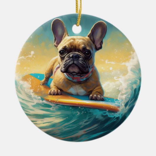 French Bulldog Beach Surfing Malerei Keramik Ornament (Vorne)