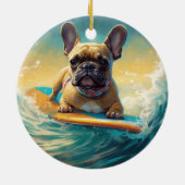 French Bulldog Beach Surfing Malerei Keramik Ornament (Hinten)