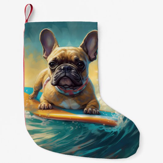 French Bulldog Beach Surfing Malerei Kleiner Weihnachtsstrumpf (Vorderseite)
