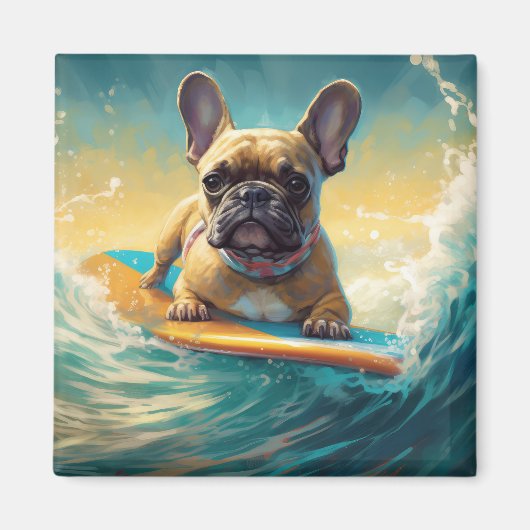 French Bulldog Beach Surfing Malerei Magnet (Vorne)