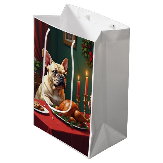 French Bulldog Christmas Eve Feast Painting Mittlere Geschenktüte (Vorderseite Schrägansicht)