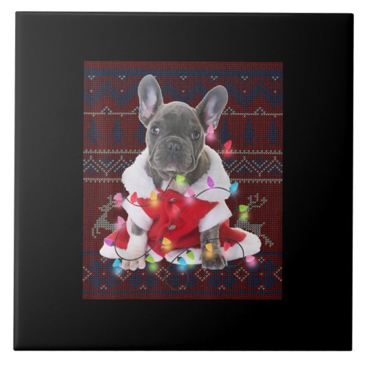 French Bulldog Christmas Lights Ugly Sweater Dog Fliese (Vorderseite)