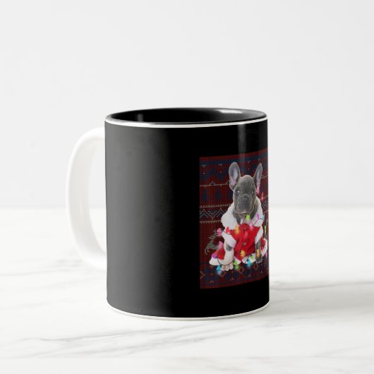 French Bulldog Christmas Lights Ugly Sweater Dog Zweifarbige Tasse (Vorderseite Links)