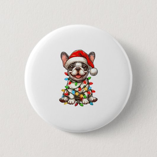 French Bulldog Christmas Lights Weihnachtsmannmütz Button (Vorderseite)