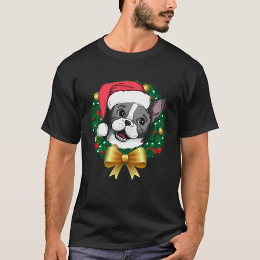 French Bulldog Christmas  Santa Xmas Wreath Tree T-Shirt (Vorderseite)