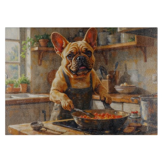 French Bulldog Cooking in Kitchen Schneidebrett (Vorderseite)